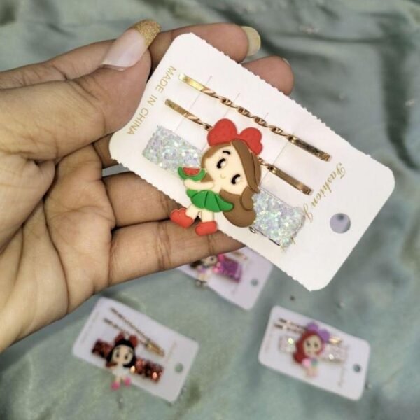 Set of 3 Imported Cartoon Doll-Shaped Hair Clips with 2 Pins for Kids