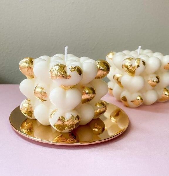Handmade Heart Bubble Candle with Gold Foil Hearts - Single Piece
